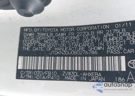 2011 Toyota Prius Two from USA, damaged, VIN JTDKN3DU0B0276786